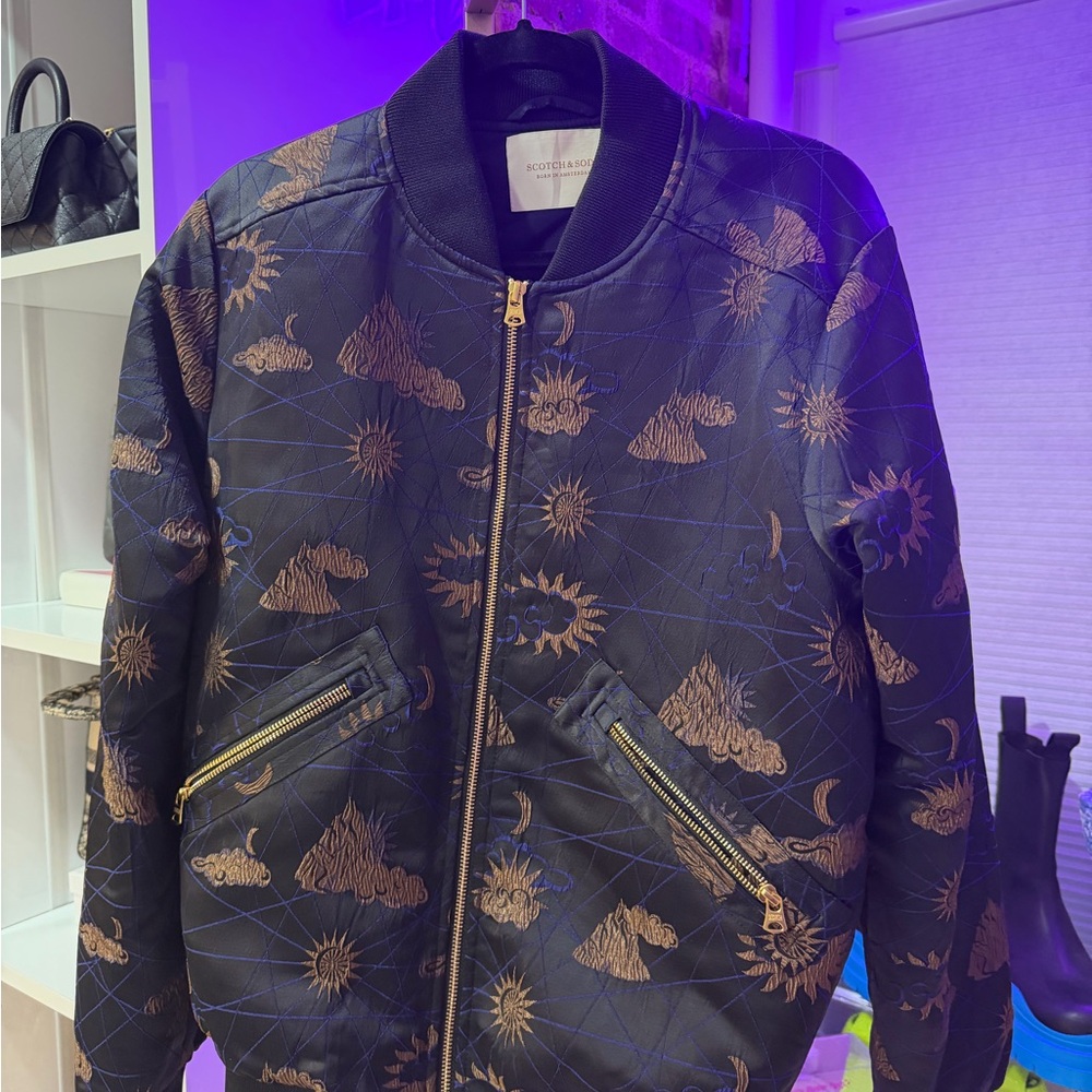 Black Bomber Jacket with Gold Sun and Moon Design